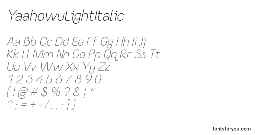 Schriftart YaahowuLightItalic – Alphabet, Zahlen, spezielle Symbole