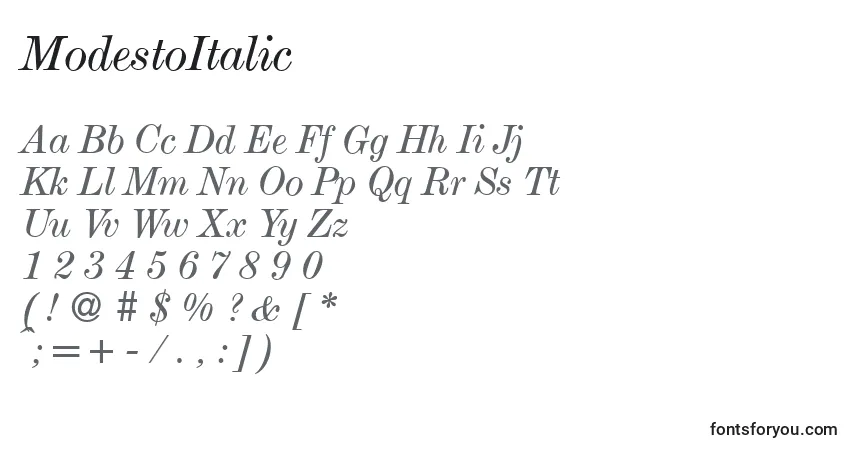 Шрифт ModestoItalic – алфавит, цифры, специальные символы
