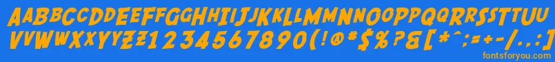フォントSfComicScriptBold – オレンジ色の文字が青い背景にあります。