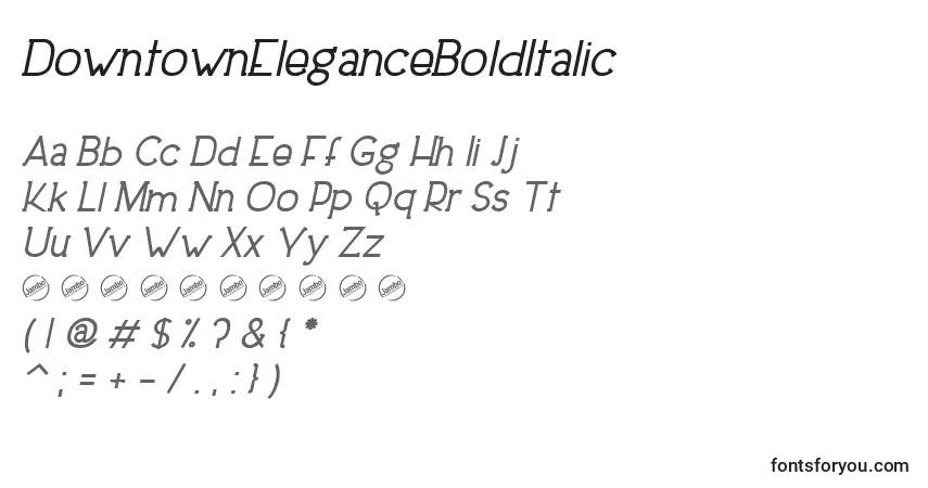 A fonte DowntownEleganceBoldItalic – alfabeto, números, caracteres especiais