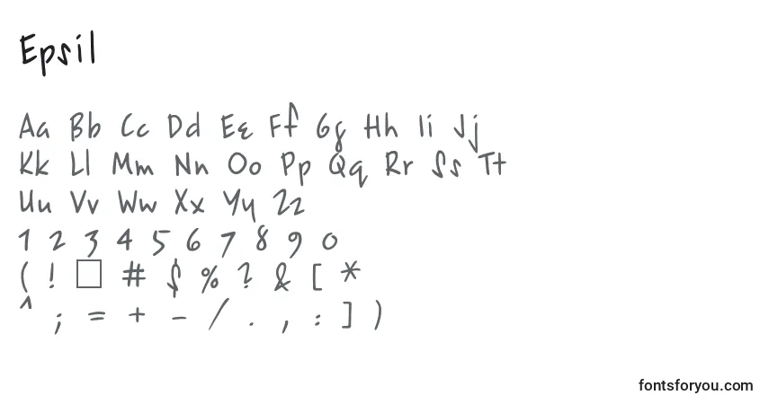 A fonte Epsil – alfabeto, números, caracteres especiais