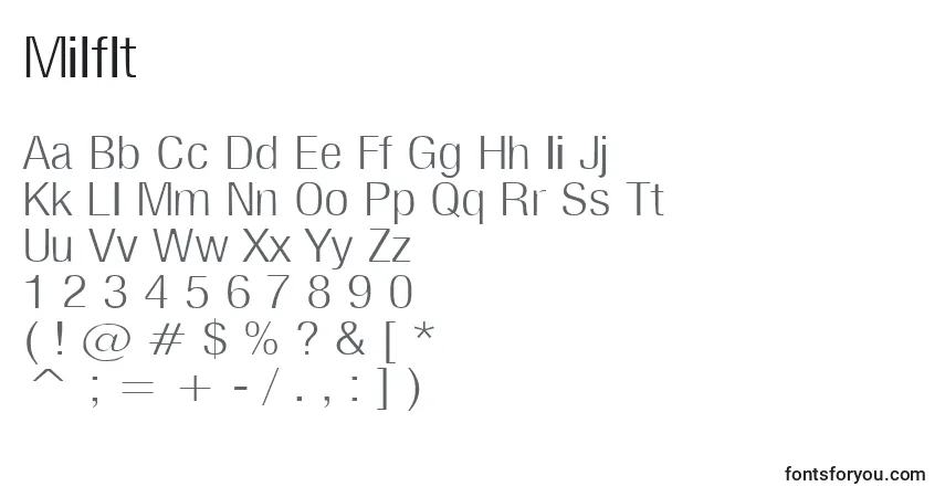 Czcionka Milflt – alfabet, cyfry, specjalne znaki