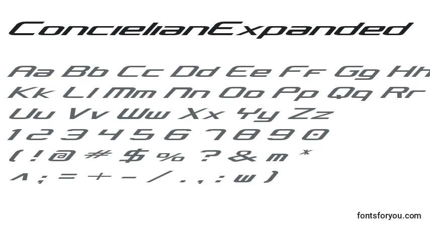 A fonte ConcielianExpanded – alfabeto, números, caracteres especiais