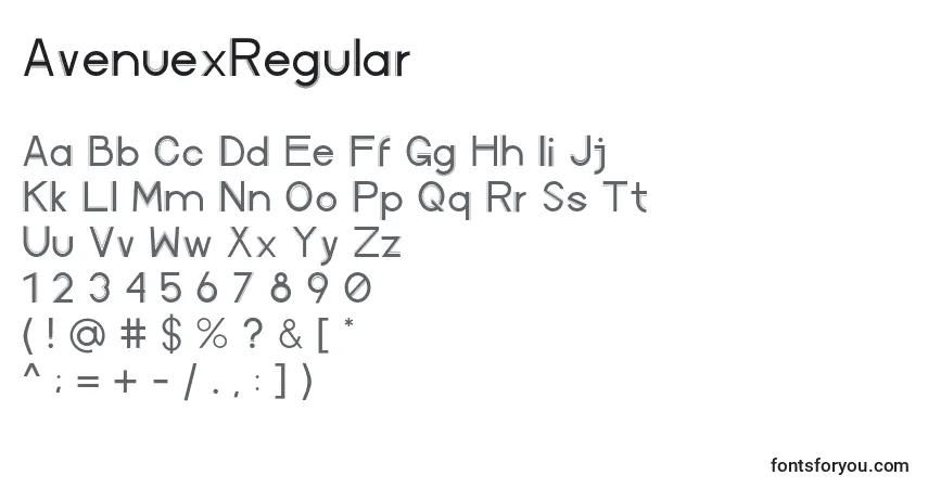 A fonte AvenuexRegular – alfabeto, números, caracteres especiais