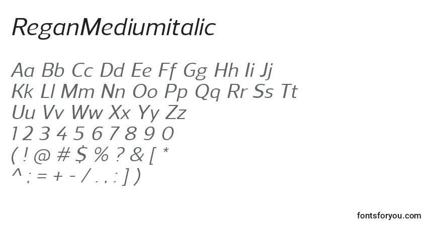 Schriftart ReganMediumitalic – Alphabet, Zahlen, spezielle Symbole