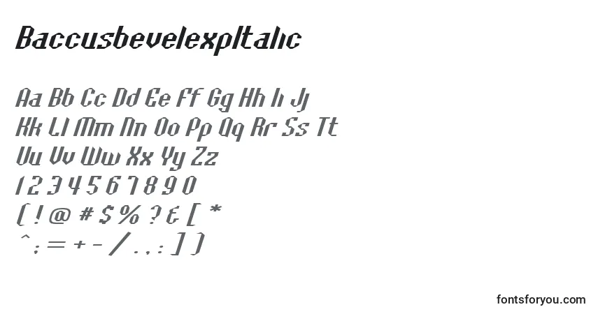 Czcionka BaccusbevelexpItalic – alfabet, cyfry, specjalne znaki