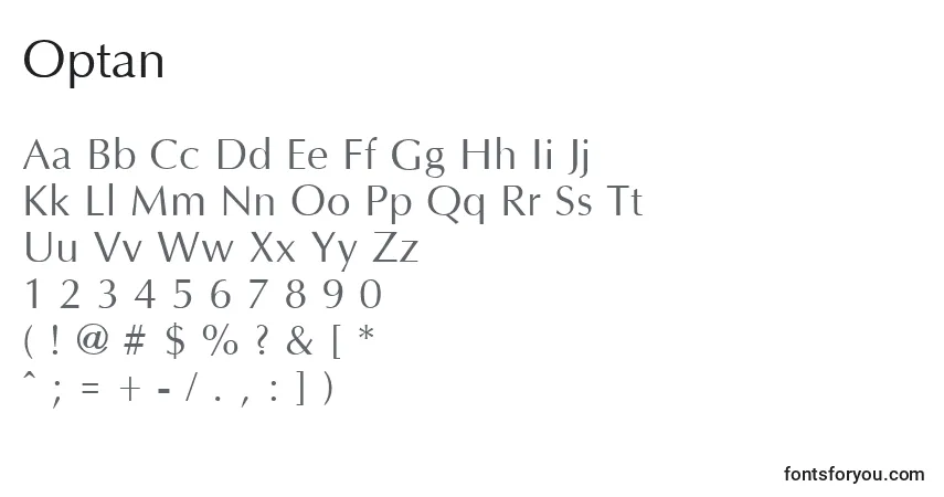 Schriftart Optan – Alphabet, Zahlen, spezielle Symbole