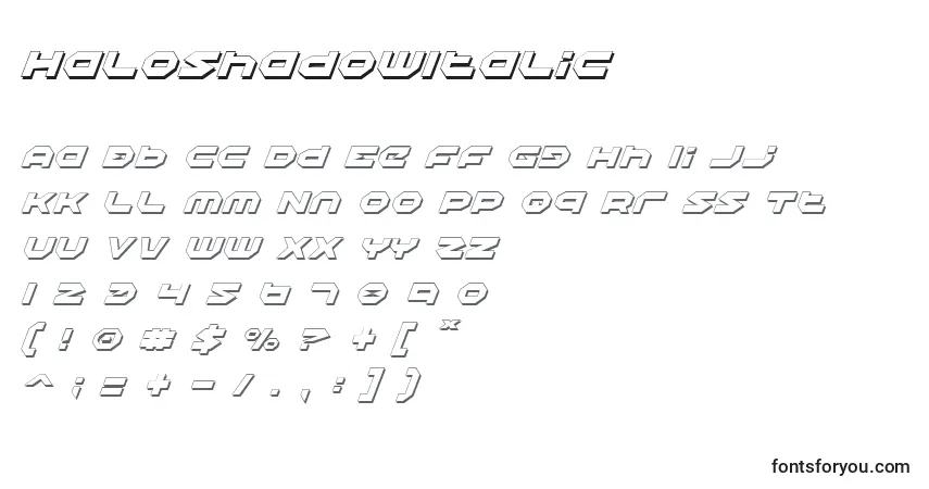 Шрифт HaloShadowItalic – алфавит, цифры, специальные символы