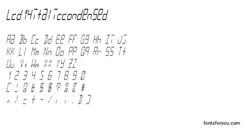 A fonte Lcd14italiccondensed – alfabeto, números, caracteres especiais