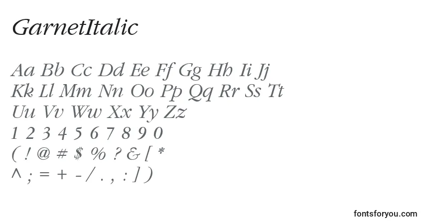 Шрифт GarnetItalic – алфавит, цифры, специальные символы