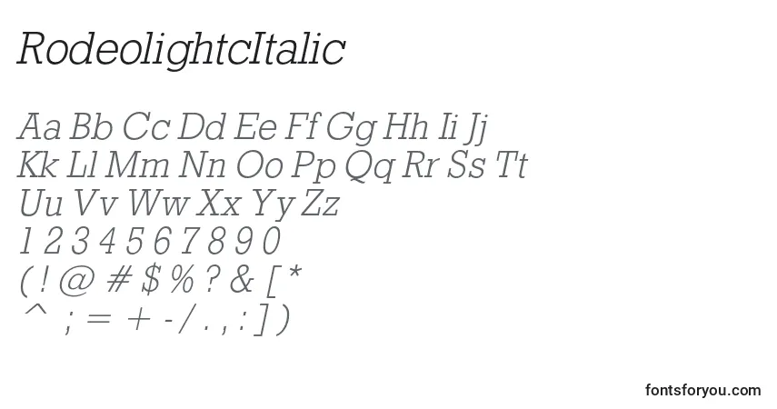 Schriftart RodeolightcItalic – Alphabet, Zahlen, spezielle Symbole