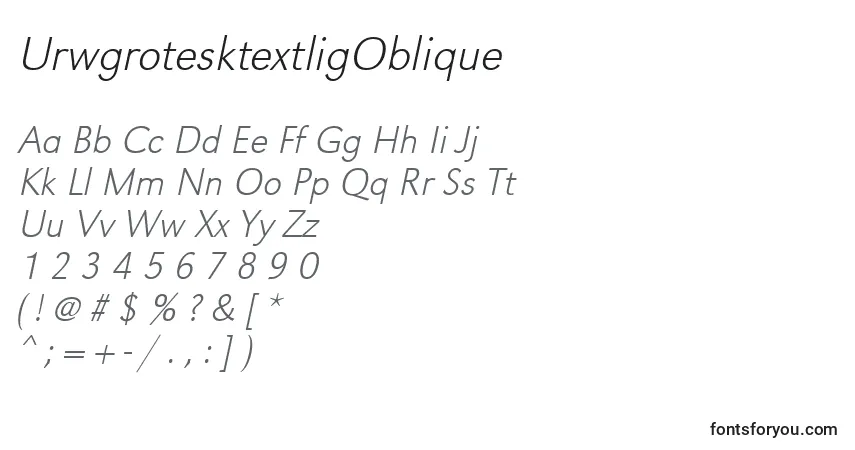 A fonte UrwgrotesktextligOblique – alfabeto, números, caracteres especiais
