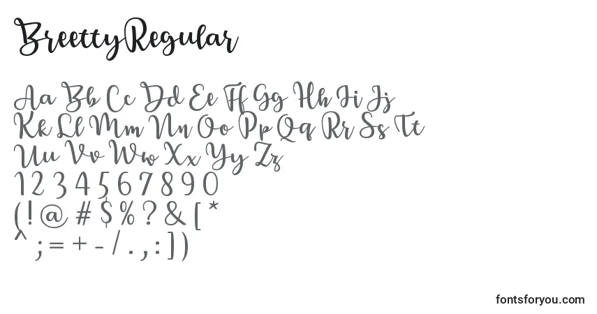 Schriftart BreettyRegular – Alphabet, Zahlen, spezielle Symbole