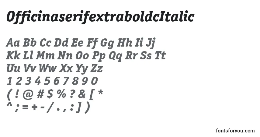 A fonte OfficinaserifextraboldcItalic – alfabeto, números, caracteres especiais