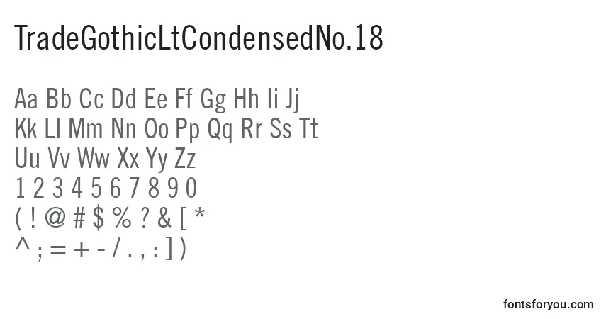 A fonte TradeGothicLtCondensedNo.18 – alfabeto, números, caracteres especiais