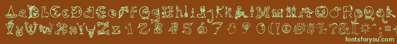 フォントHalloweenUnregistered – 緑色の文字が茶色の背景にあります。