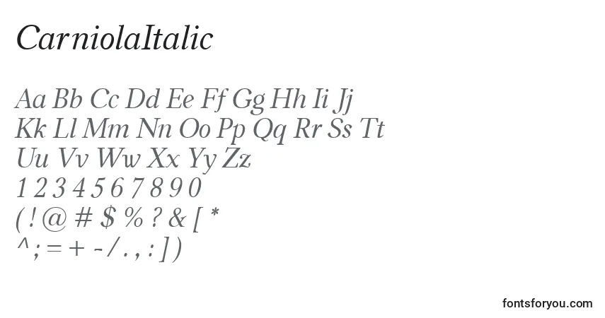 Czcionka CarniolaItalic – alfabet, cyfry, specjalne znaki