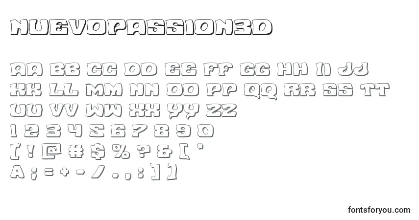 Schriftart Nuevopassion3D – Alphabet, Zahlen, spezielle Symbole