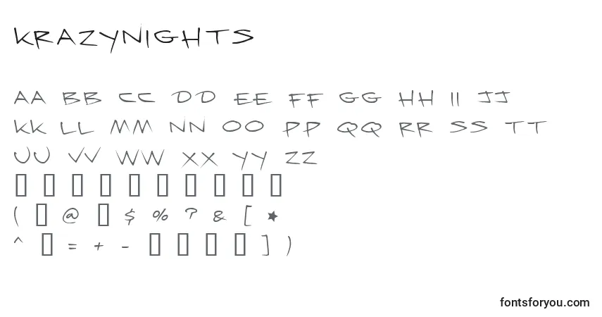Krazynights-fontti – aakkoset, numerot, erikoismerkit