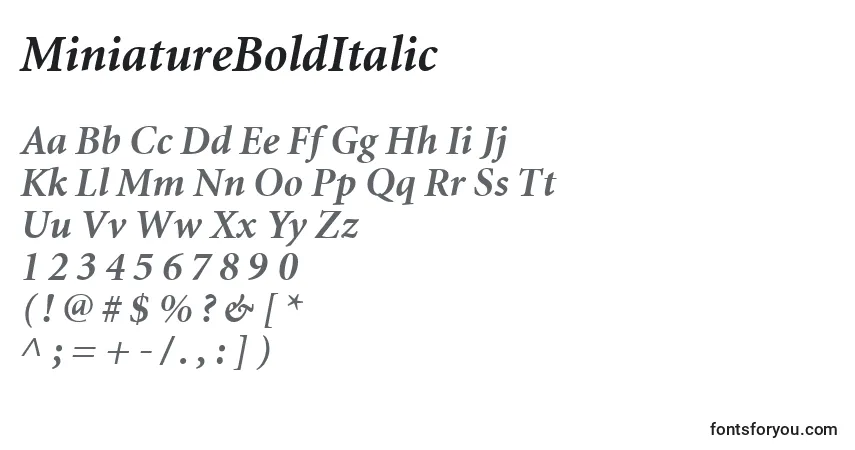 A fonte MiniatureBoldItalic – alfabeto, números, caracteres especiais