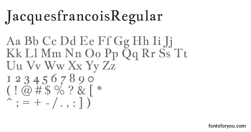Czcionka JacquesfrancoisRegular – alfabet, cyfry, specjalne znaki