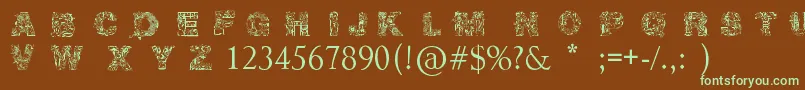 フォントIrasutoJiTruetype – 緑色の文字が茶色の背景にあります。