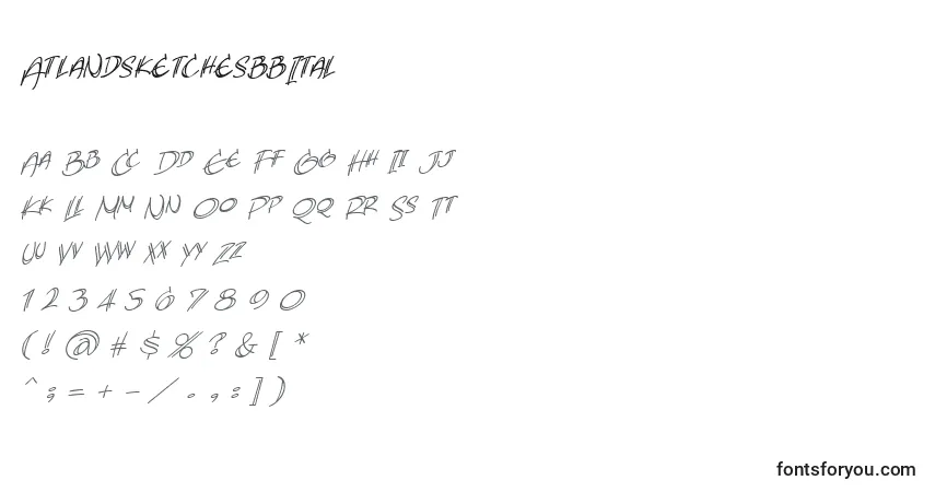 Czcionka AtlandsketchesbbItal – alfabet, cyfry, specjalne znaki