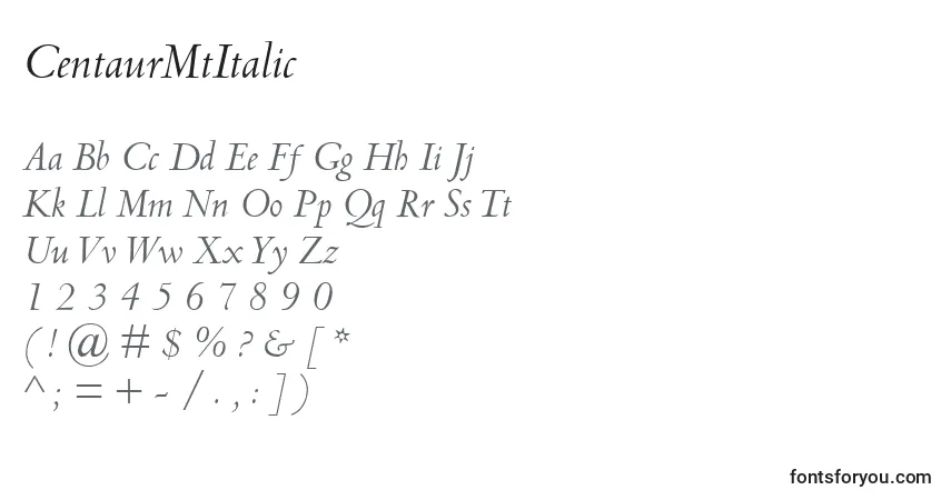 Czcionka CentaurMtItalic – alfabet, cyfry, specjalne znaki