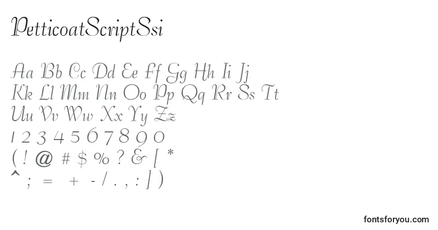 Czcionka PetticoatScriptSsi – alfabet, cyfry, specjalne znaki