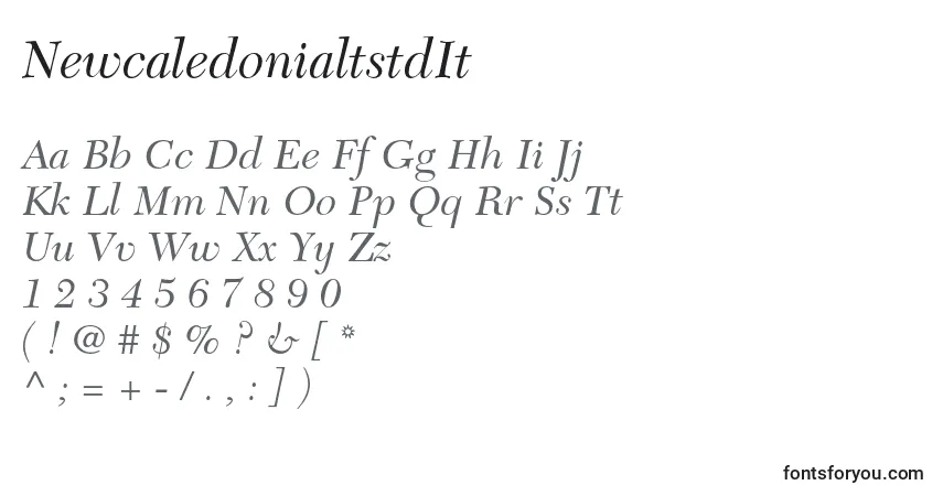 A fonte NewcaledonialtstdIt – alfabeto, números, caracteres especiais