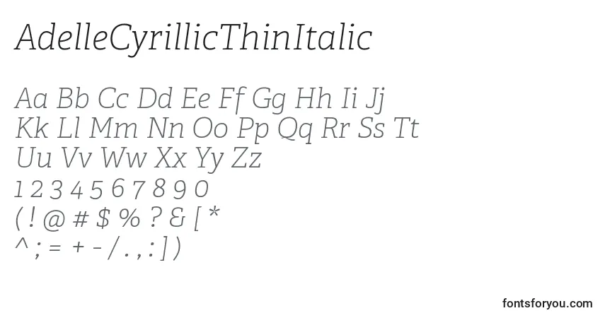 AdelleCyrillicThinItalicフォント–アルファベット、数字、特殊文字