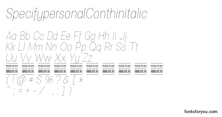 A fonte SpecifypersonalConthinitalic – alfabeto, números, caracteres especiais
