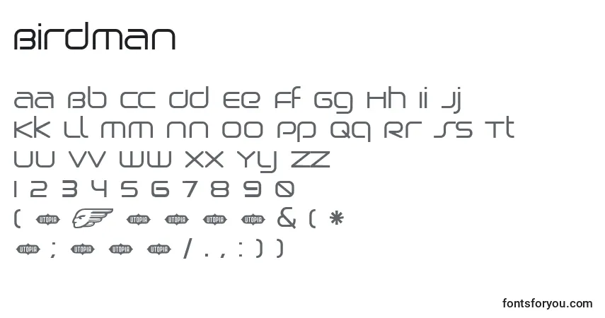 Czcionka Birdman – alfabet, cyfry, specjalne znaki