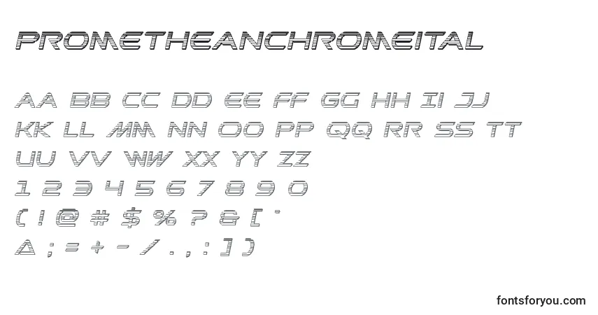 Czcionka Prometheanchromeital – alfabet, cyfry, specjalne znaki