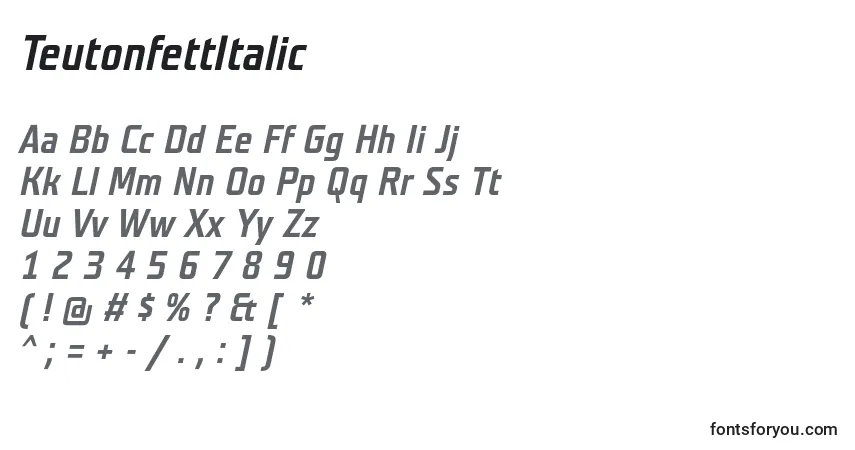 Czcionka TeutonfettItalic – alfabet, cyfry, specjalne znaki