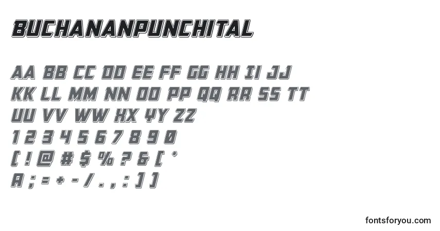 A fonte Buchananpunchital – alfabeto, números, caracteres especiais