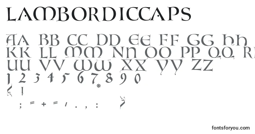 Czcionka Lambordiccaps – alfabet, cyfry, specjalne znaki