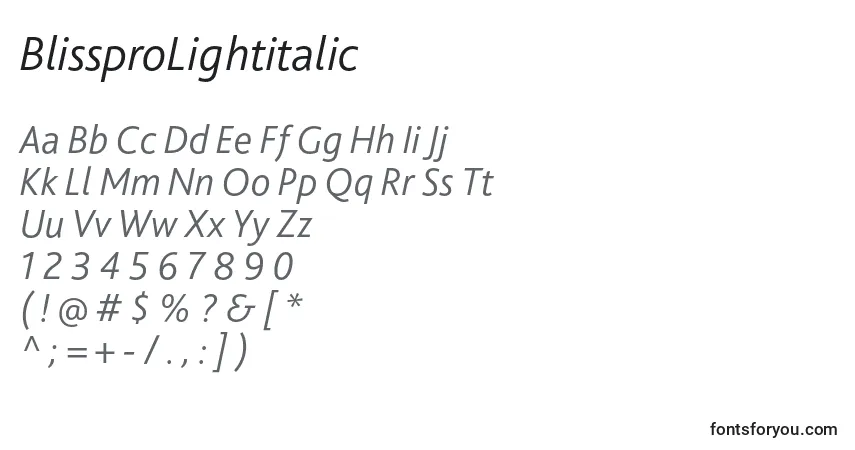 Шрифт BlissproLightitalic – алфавит, цифры, специальные символы