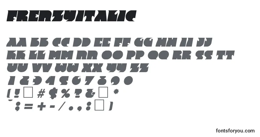 Шрифт FrenzyItalic – алфавит, цифры, специальные символы