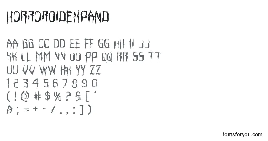 Czcionka Horroroidexpand – alfabet, cyfry, specjalne znaki