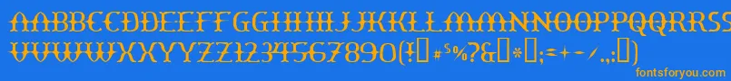 フォントYawnovis – オレンジ色の文字が青い背景にあります。