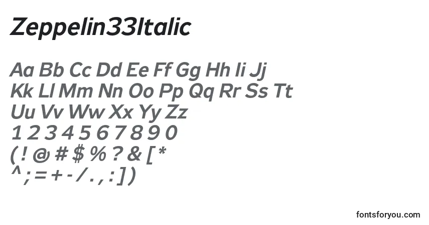 Zeppelin33Italic font – alphabet, numbers, special characters