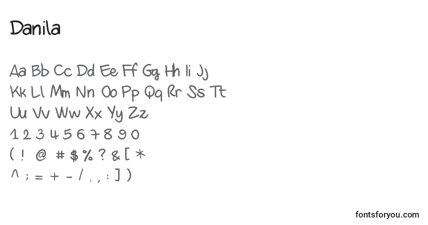 A fonte Danila – alfabeto, números, caracteres especiais