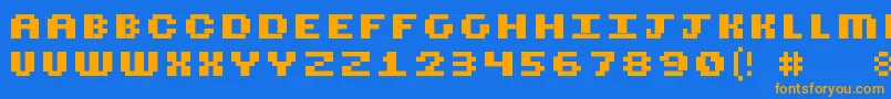 フォントCubicfive18 – オレンジ色の文字が青い背景にあります。