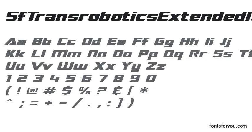 Czcionka SfTransroboticsExtendedItalic – alfabet, cyfry, specjalne znaki