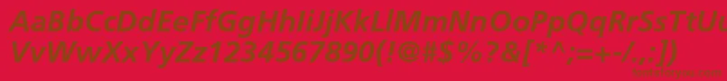 FrutigerLt66BoldItalic-Schriftart – Braune Schriften auf rotem Hintergrund