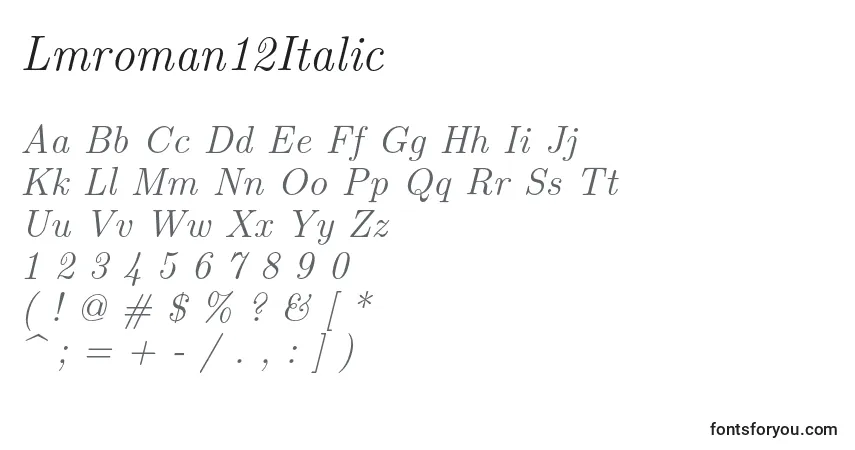 Lmroman12Italic-fontti – aakkoset, numerot, erikoismerkit