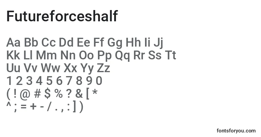 Czcionka Futureforceshalf – alfabet, cyfry, specjalne znaki