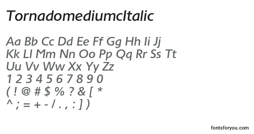 Czcionka TornadomediumcItalic – alfabet, cyfry, specjalne znaki