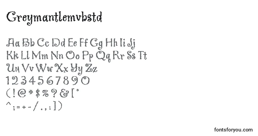 A fonte Greymantlemvbstd – alfabeto, números, caracteres especiais